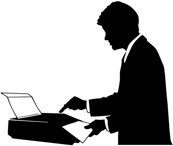 Man using fax machine silhouette vinyl sticker. Customize on line. Telephone 091-0152